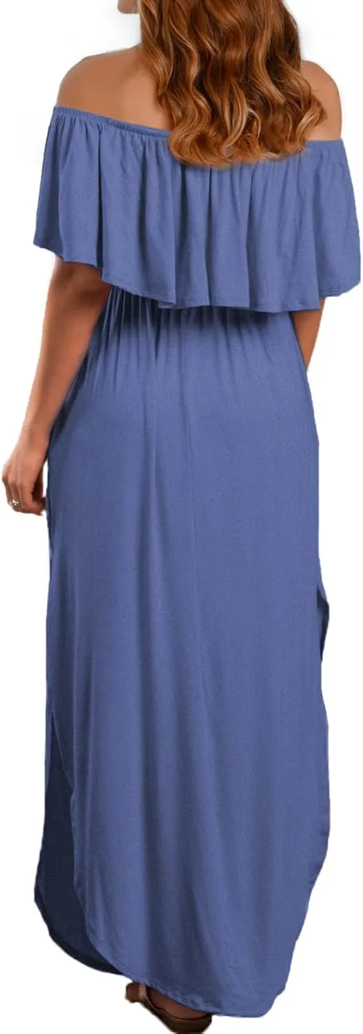 VERABENDI Women's Off Shoulder Summer Casual Long Ruffle Beach Maxi Dress with Pockets