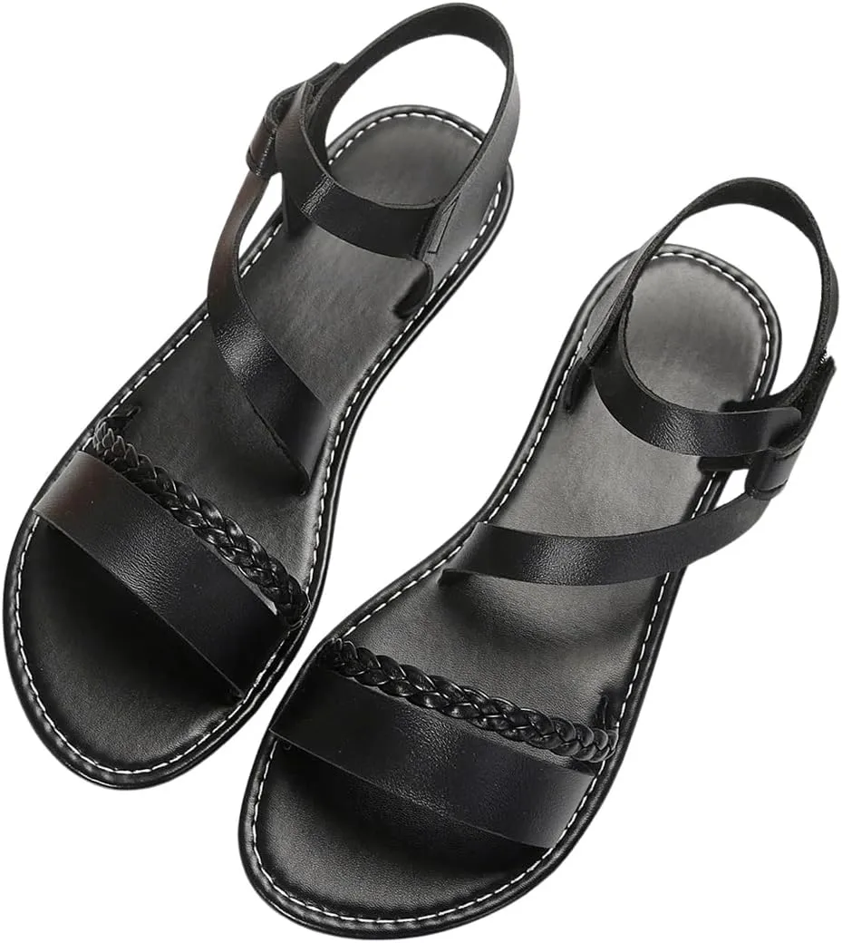 Verdusa Women's PU Leather Open Toe Slip on Flat Sandal Braided Strap Summer Slides Sandal