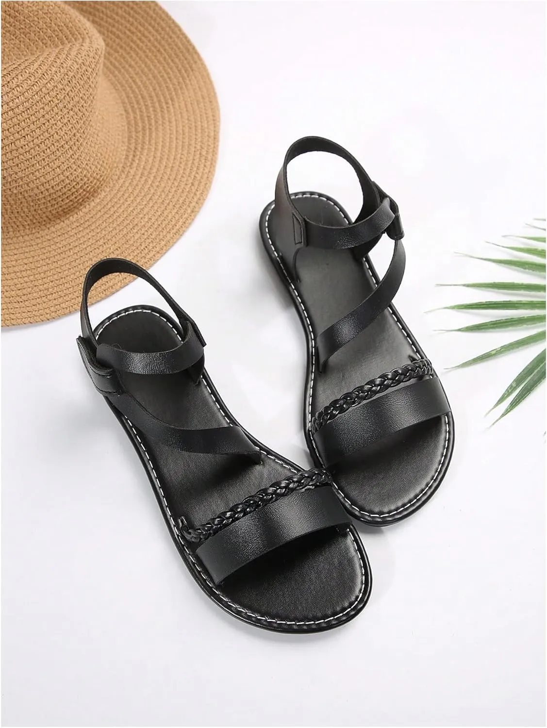 Verdusa Women's PU Leather Open Toe Slip on Flat Sandal Braided Strap Summer Slides Sandal