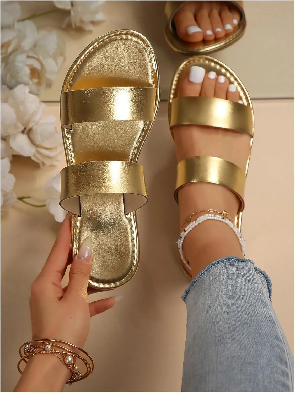 Verdusa Women's PU Leather Rhinestone Slippers Two Strap Open Toe Slip on Flat Sandals