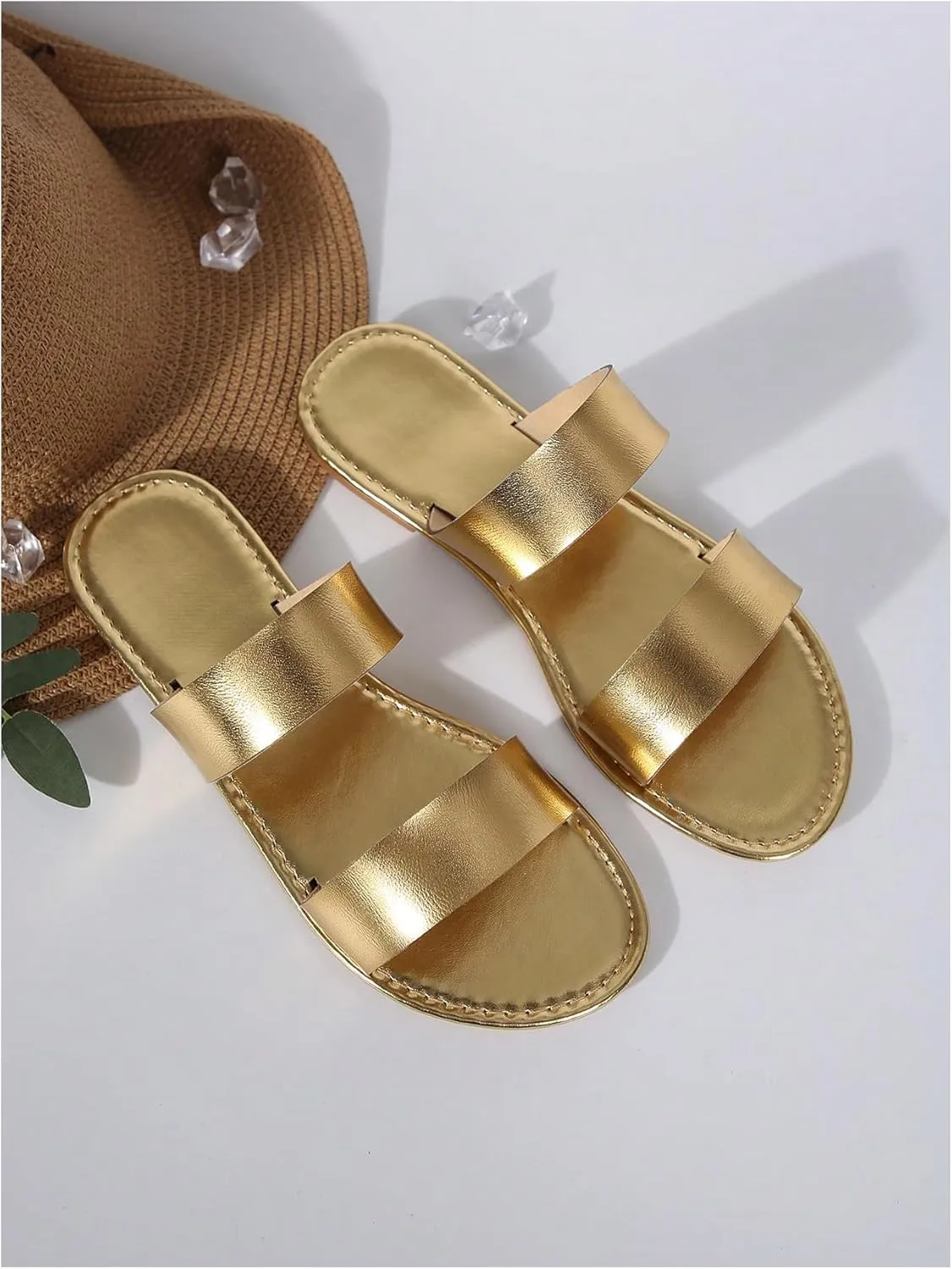 Verdusa Women's PU Leather Rhinestone Slippers Two Strap Open Toe Slip on Flat Sandals