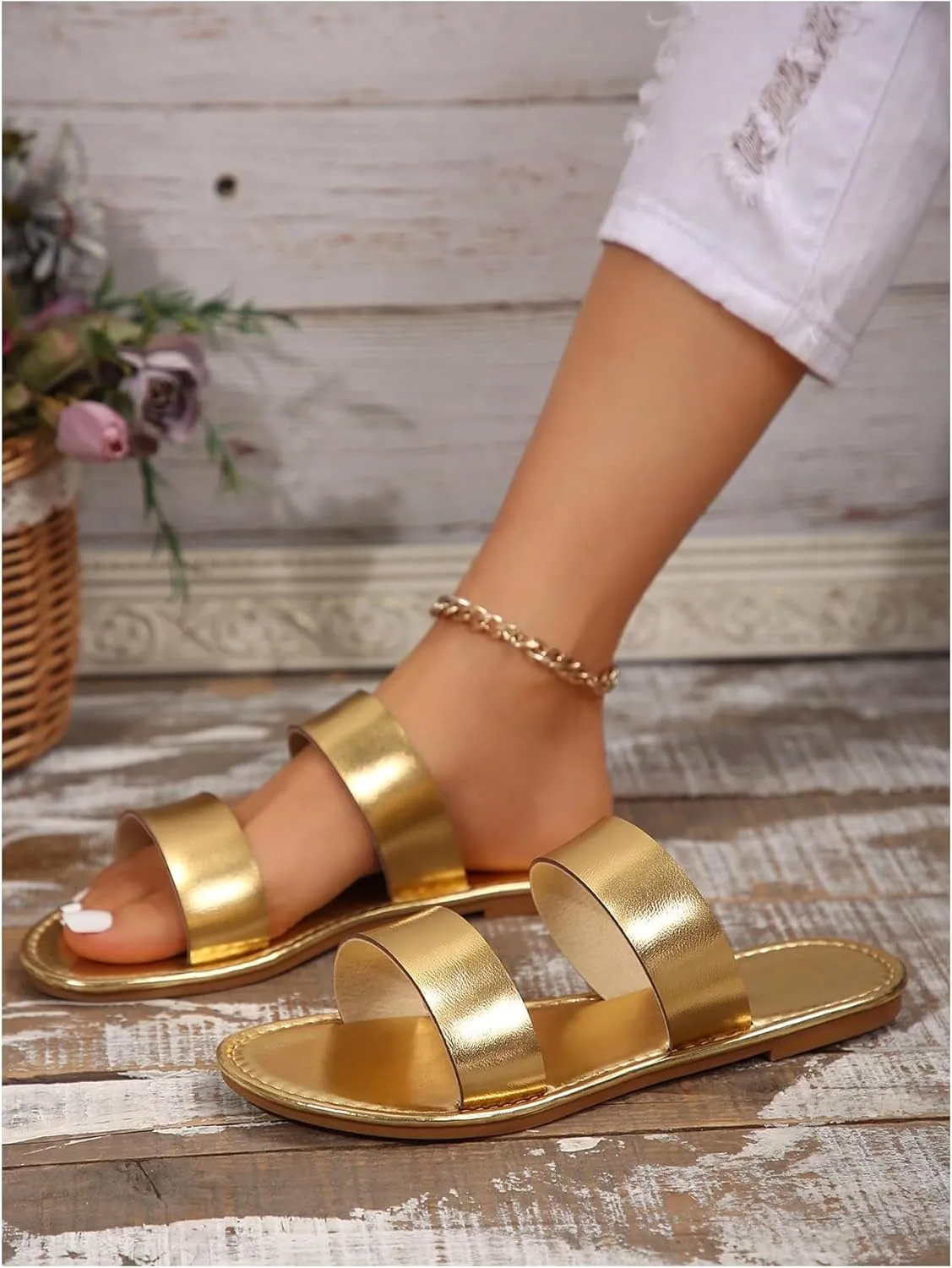 Verdusa Women's PU Leather Rhinestone Slippers Two Strap Open Toe Slip on Flat Sandals