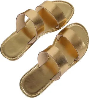 Verdusa Women's PU Leather Rhinestone Slippers Two Strap Open Toe Slip on Flat Sandals