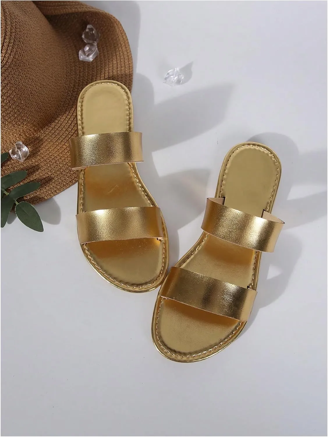 Verdusa Women's PU Leather Rhinestone Slippers Two Strap Open Toe Slip on Flat Sandals