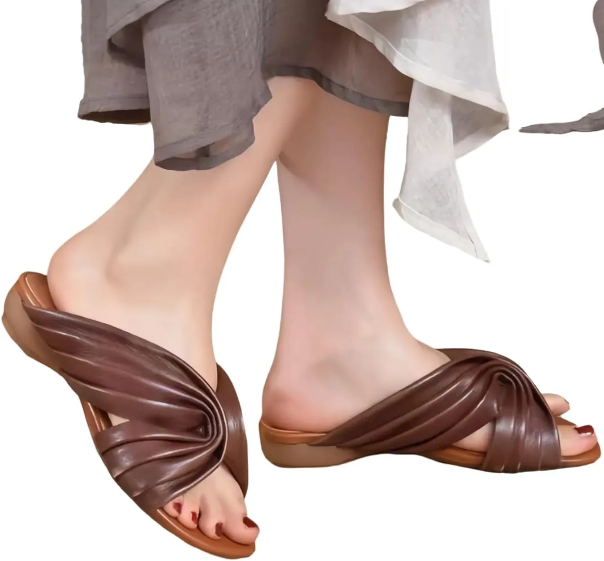 Vintage Gladiator Style Women's Slide Sandals Cross-Pleated Design Soft Sole Genuine Leather Shoes Breathable and Comfortable Casual Summer
