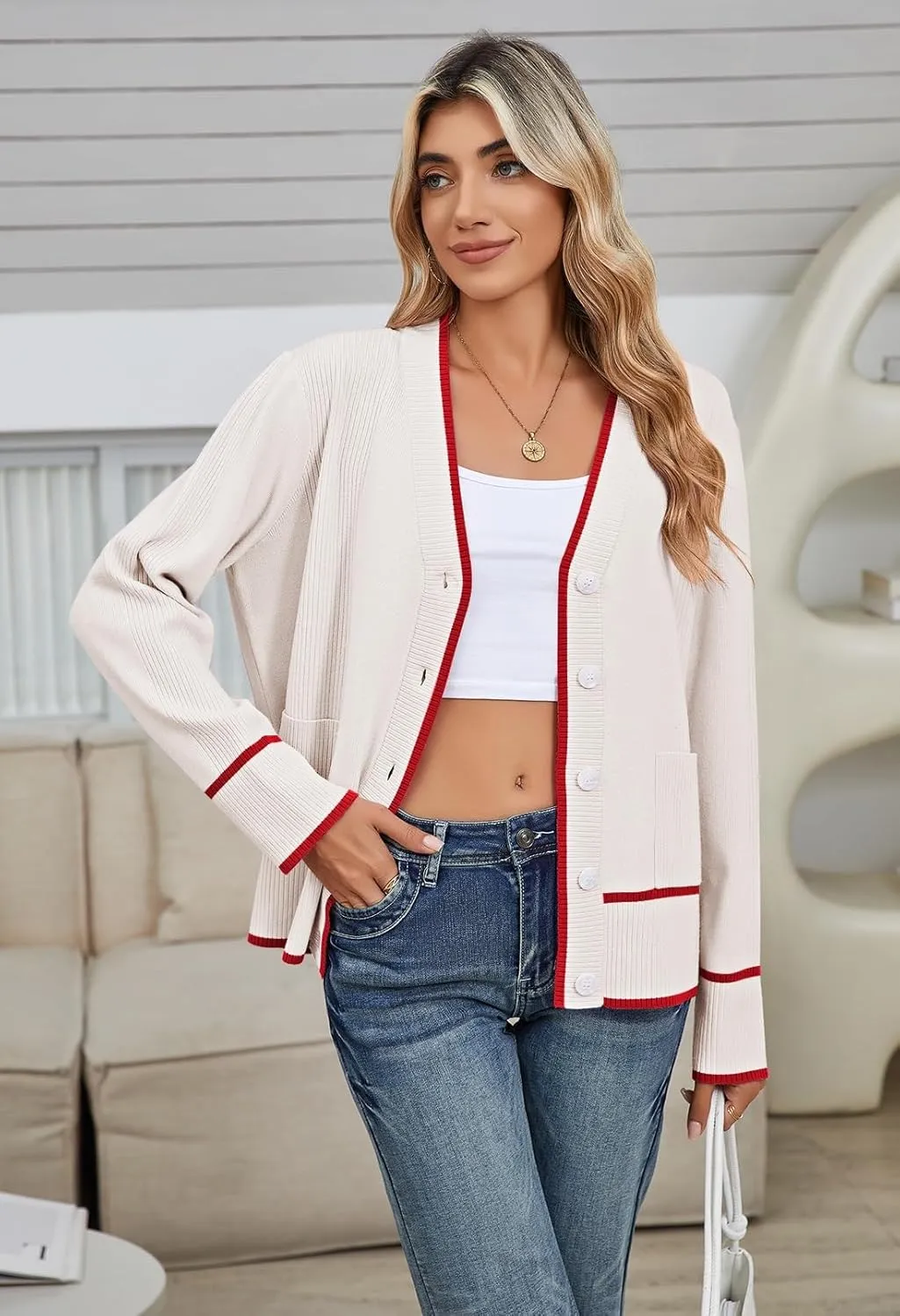 Viottiset Women's Cardigan Sweaters Oversized Button Down Striped V Neck Color Block Knit Sweater Lightweight