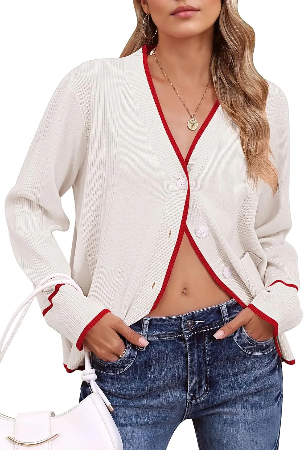 Viottiset Women's Cardigan Sweaters Oversized Button Down Striped V Neck Color Block Knit Sweater Lightweight