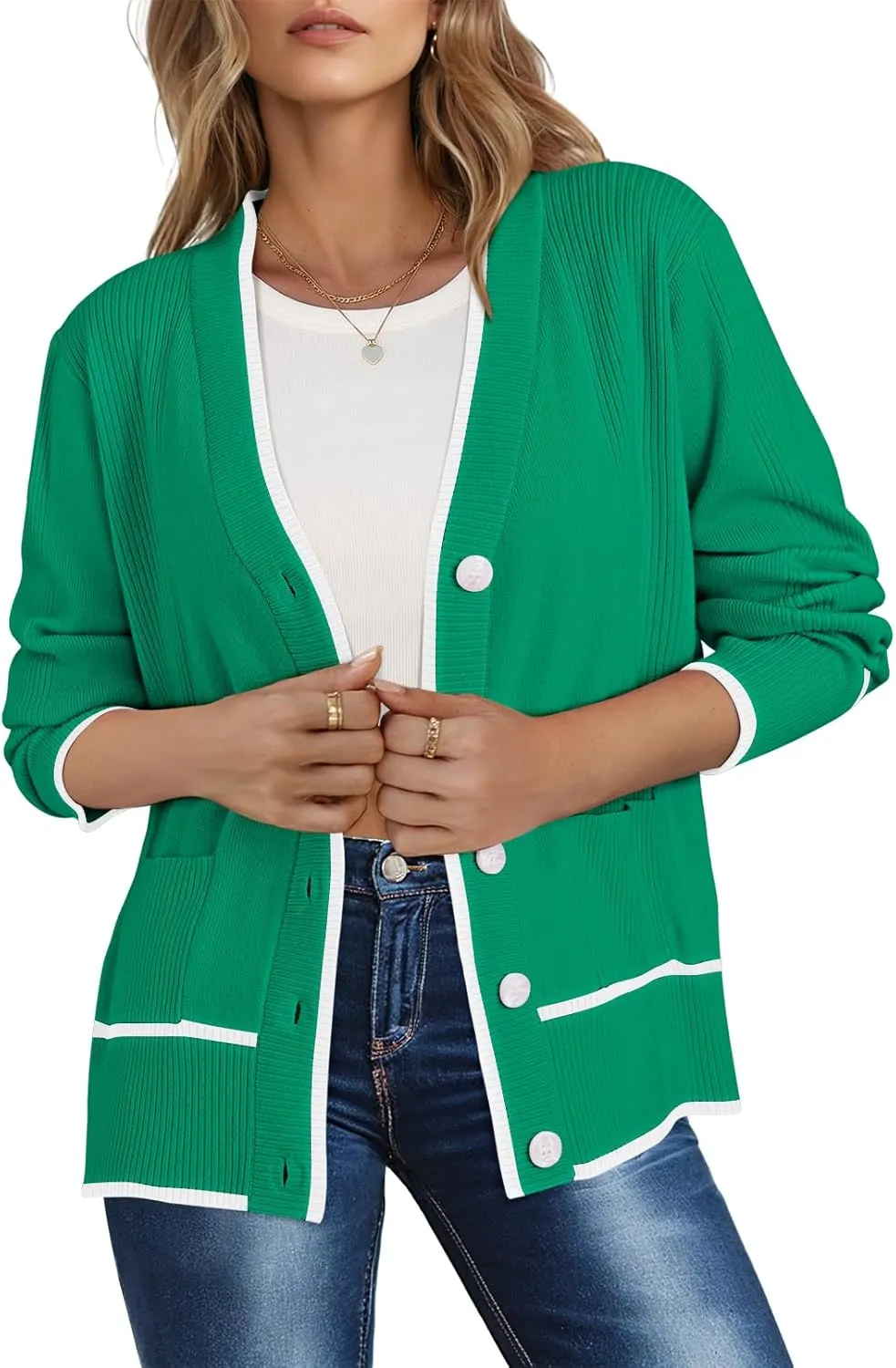 Viottiset Women's Cardigan Sweaters Oversized Button Down Striped V Neck Color Block Knit Sweater Lightweight