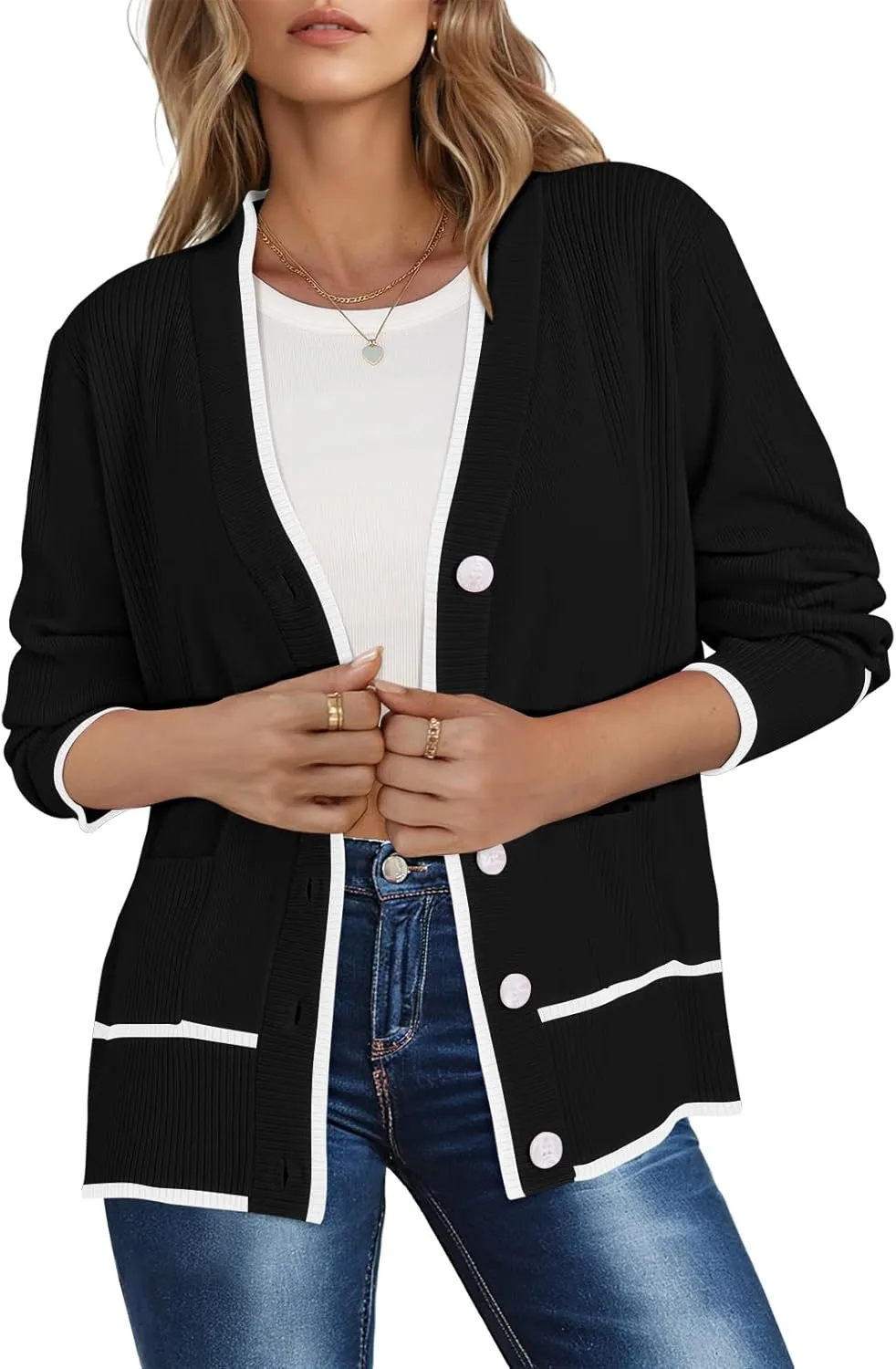 Viottiset Women's Cardigan Sweaters Oversized Button Down Striped V Neck Color Block Knit Sweater Lightweight