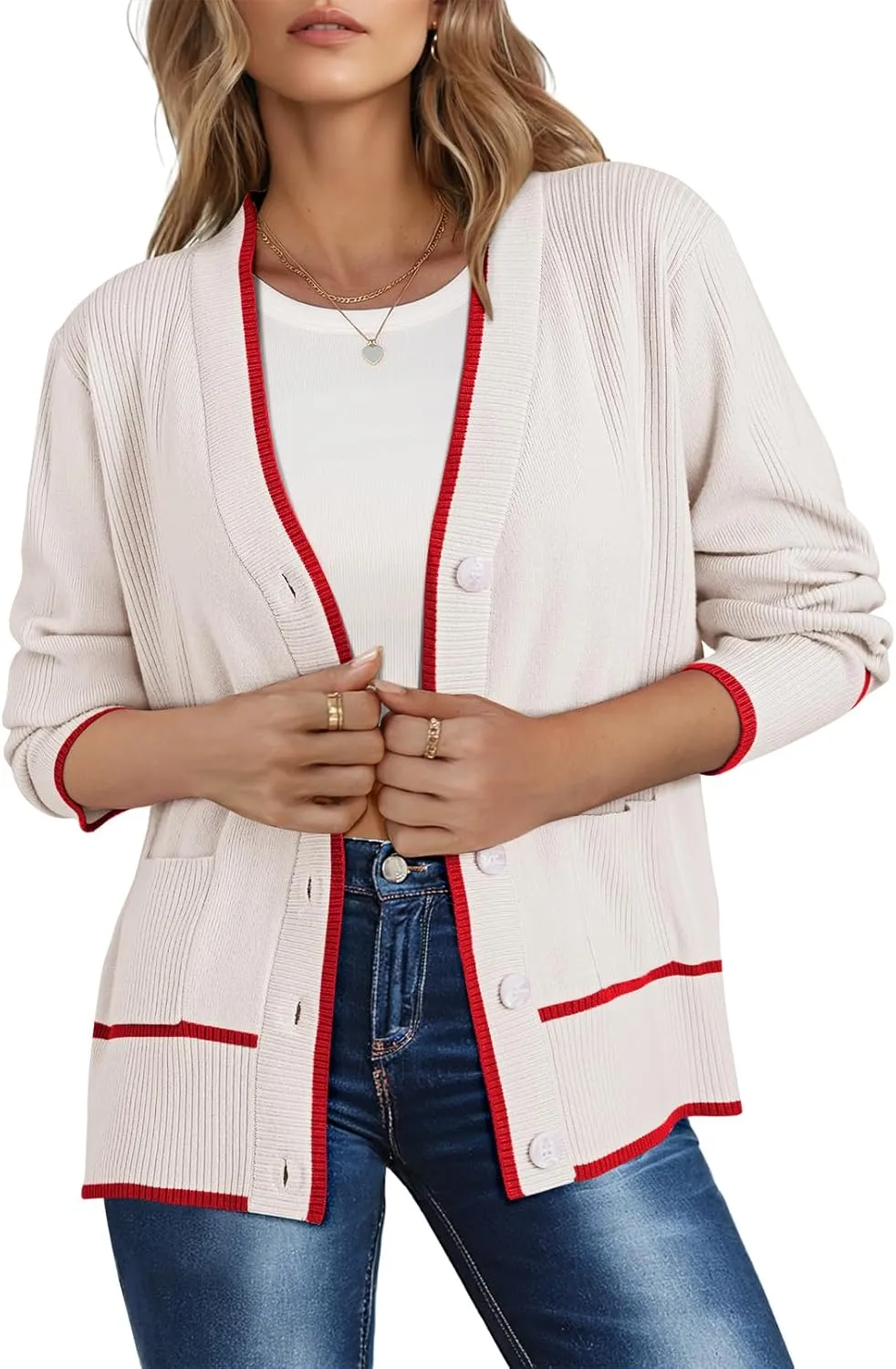 Viottiset Women's Cardigan Sweaters Oversized Button Down Striped V Neck Color Block Knit Sweater Lightweight