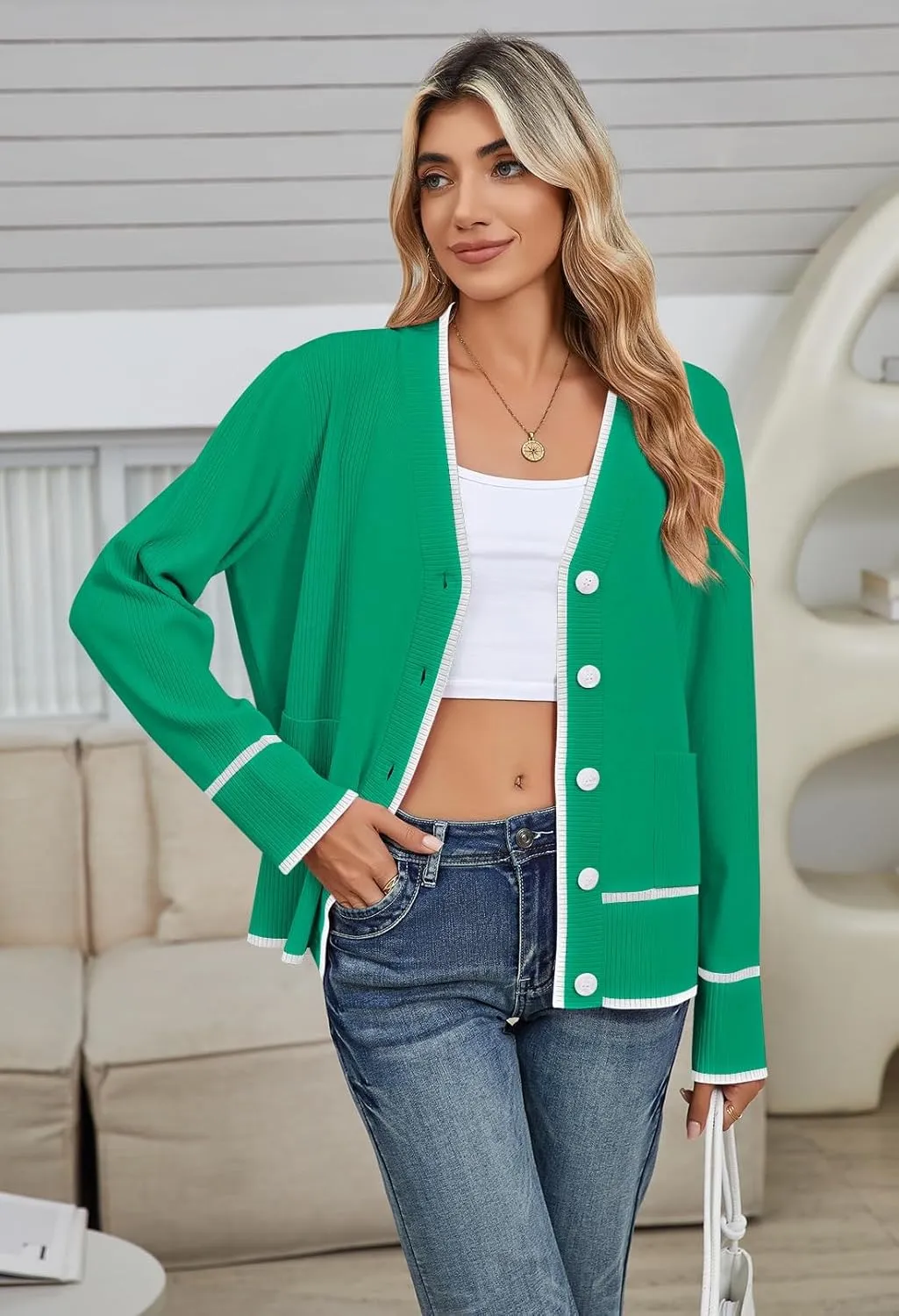 Viottiset Women's Cardigan Sweaters Oversized Button Down Striped V Neck Color Block Knit Sweater Lightweight