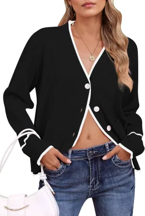 Viottiset Women's Cardigan Sweaters Oversized Button Down Striped V Neck Color Block Knit Sweater Lightweight