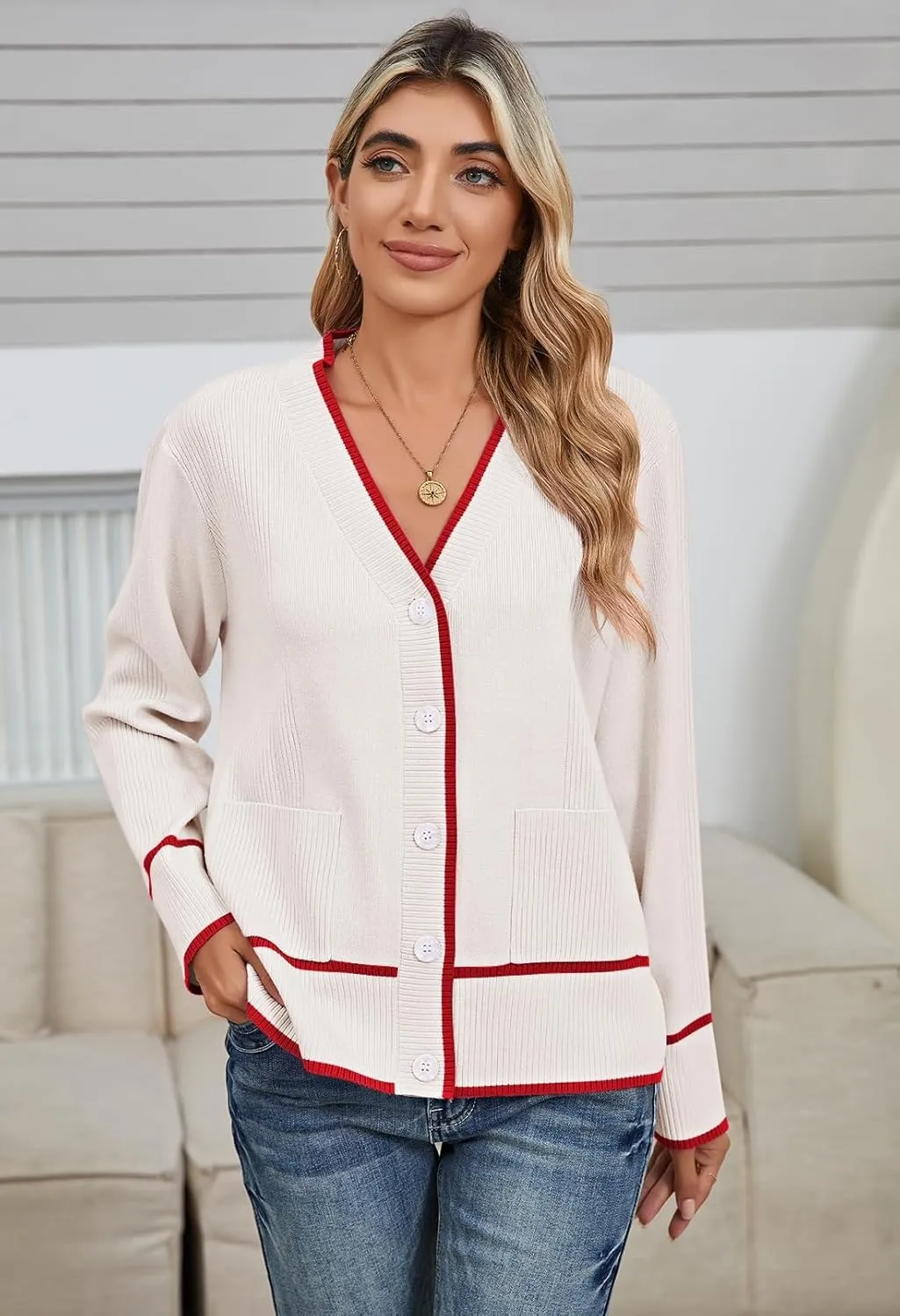 Viottiset Women's Cardigan Sweaters Oversized Button Down Striped V Neck Color Block Knit Sweater Lightweight