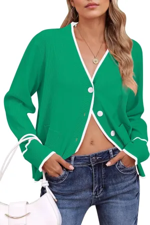 Viottiset Women's Cardigan Sweaters Oversized Button Down Striped V Neck Color Block Knit Sweater Lightweight