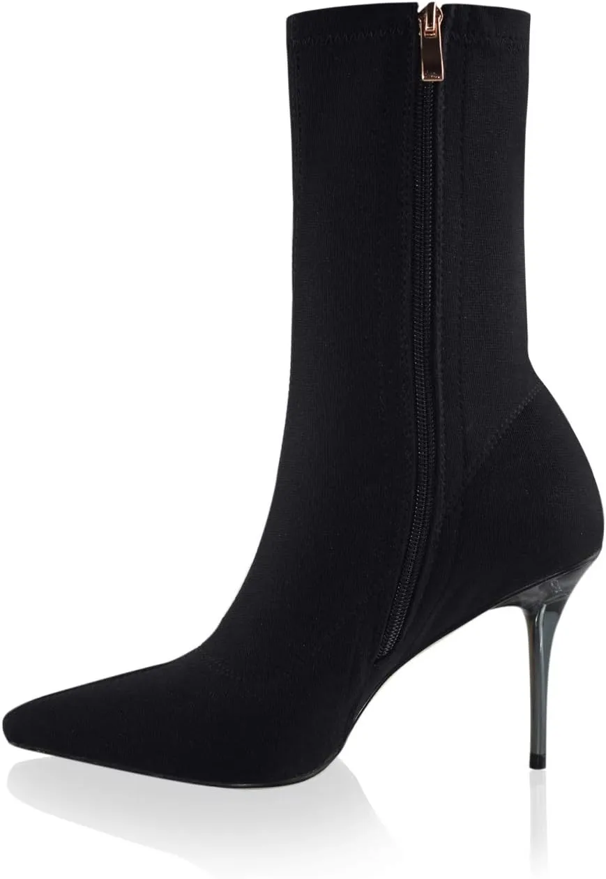 vivianly Stretch Pointed Toe Sock Booties Mid-Calf Ankle Boot Stiletto Heel Boots for Women