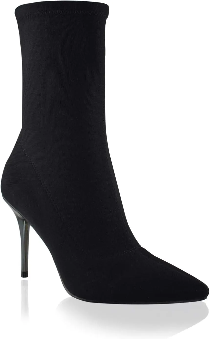 vivianly Stretch Pointed Toe Sock Booties Mid-Calf Ankle Boot Stiletto Heel Boots for Women