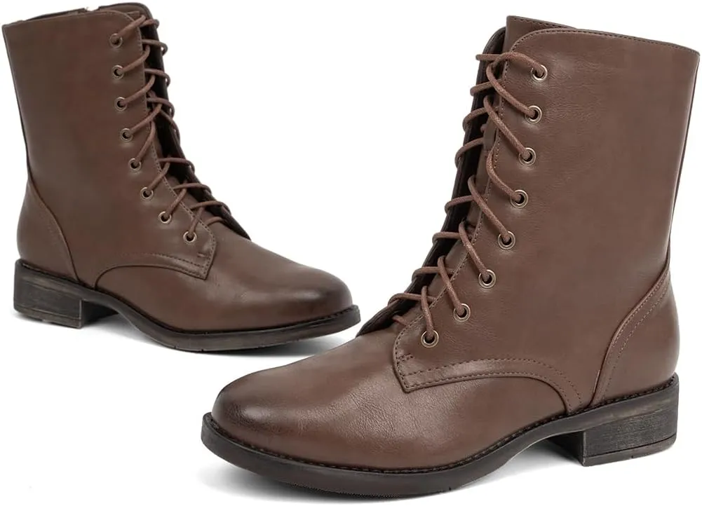 VJH confort Women's Mid Calf Boots Lace-up Military Combat Low Heel Booties with Zipper