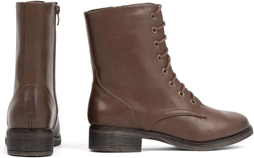 VJH confort Women's Mid Calf Boots Lace-up Military Combat Low Heel Booties with Zipper