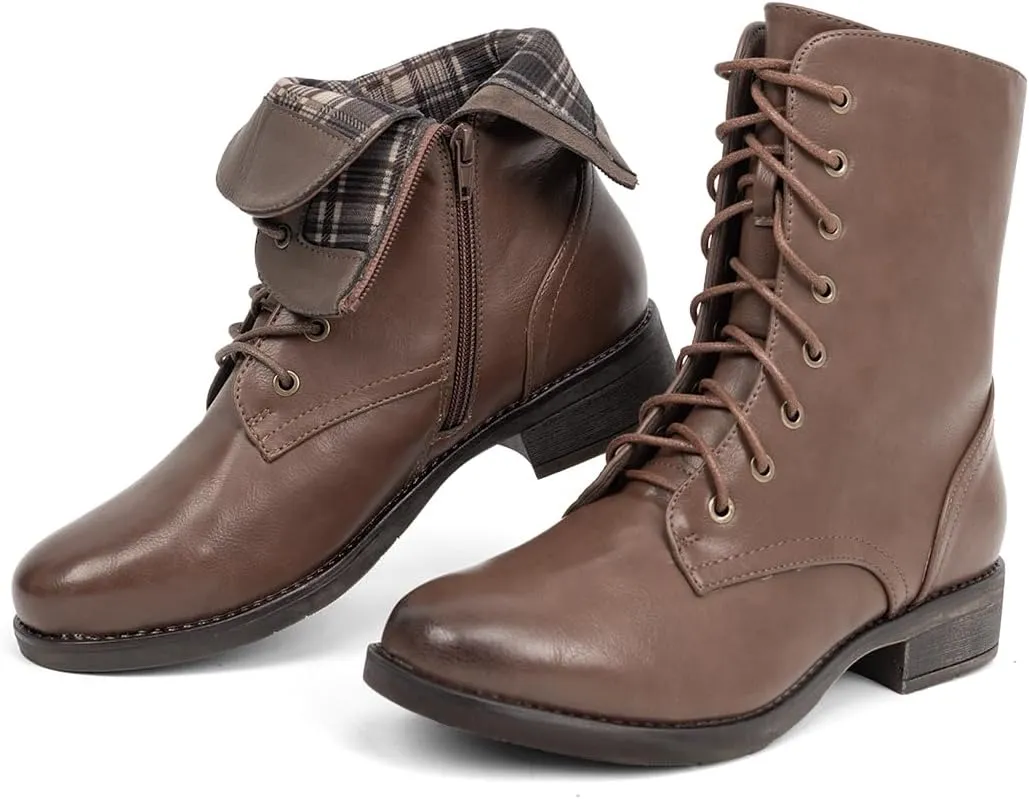 VJH confort Women's Mid Calf Boots Lace-up Military Combat Low Heel Booties with Zipper