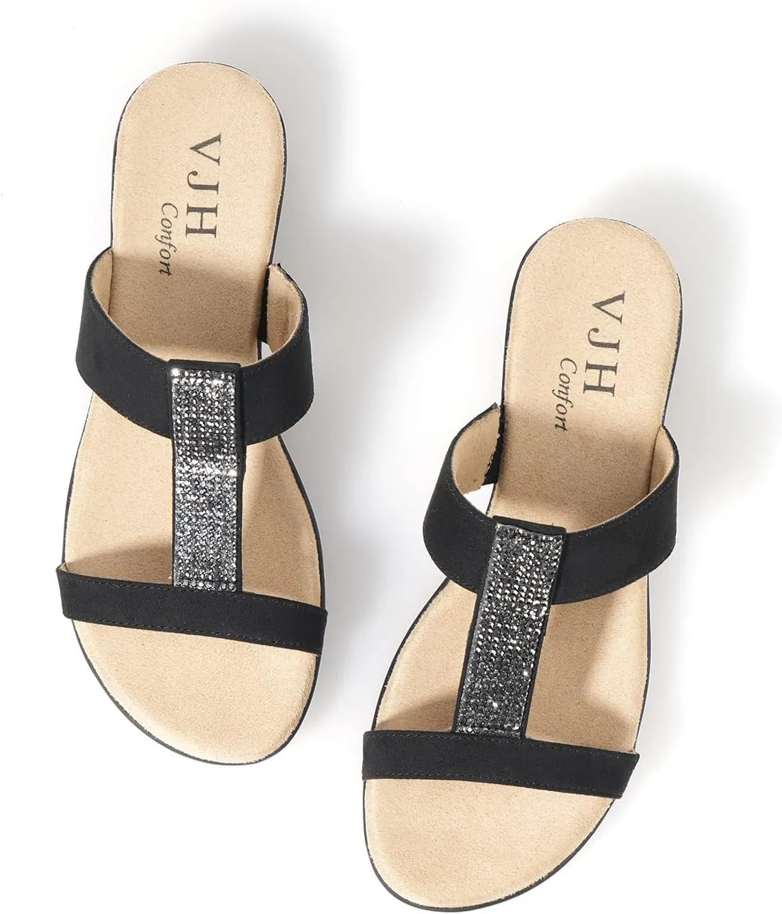 VJH confort Women’s Slides, Comfortable Open toe Rhinestone H-band Dressy Flat Sandals