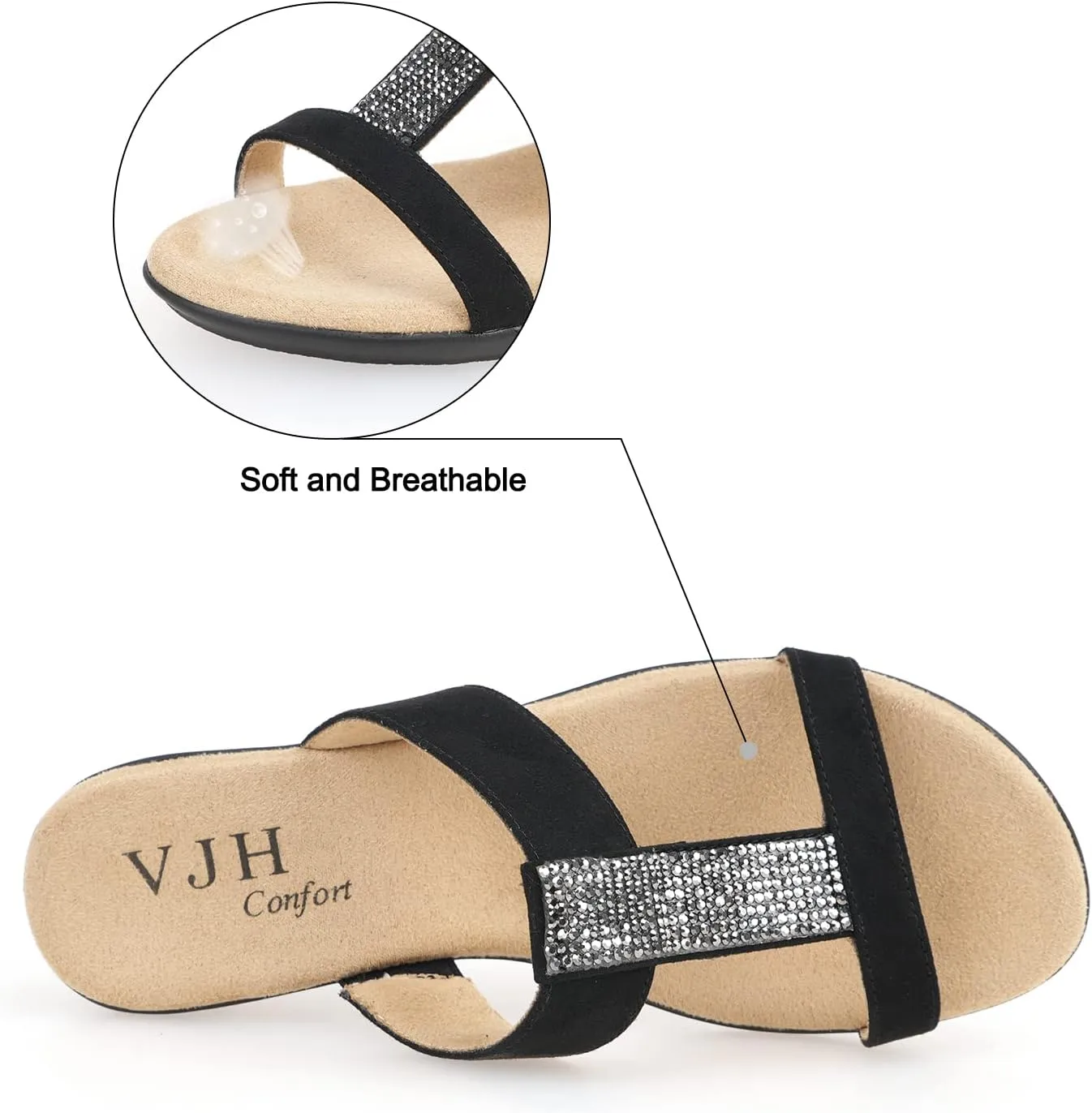 VJH confort Women’s Slides, Comfortable Open toe Rhinestone H-band Dressy Flat Sandals