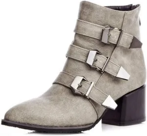 VOKLIN Women's Pointed Toe Chelsea Ankle Boots Buckle Strappy Block Heel Booties Zipper Western Short Boot