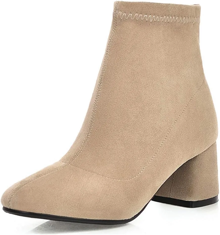 VOKLIN Women's Square Toe Stretch Ankle Boots Vegan Suede Zipper Chunky Block Mid Heel Dressy Short Booties