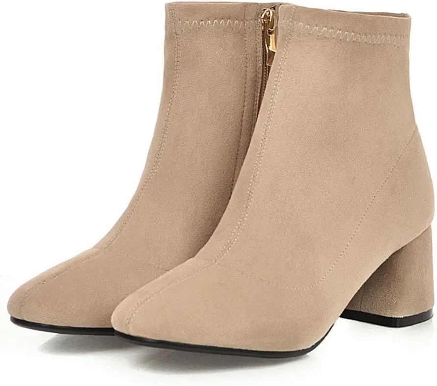 VOKLIN Women's Square Toe Stretch Ankle Boots Vegan Suede Zipper Chunky Block Mid Heel Dressy Short Booties