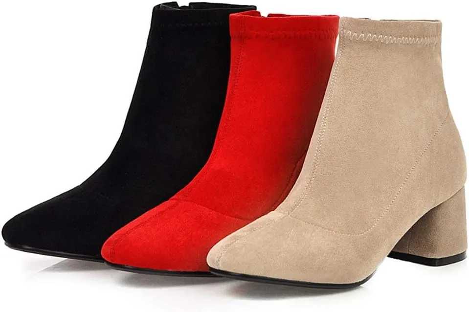 VOKLIN Women's Square Toe Stretch Ankle Boots Vegan Suede Zipper Chunky Block Mid Heel Dressy Short Booties