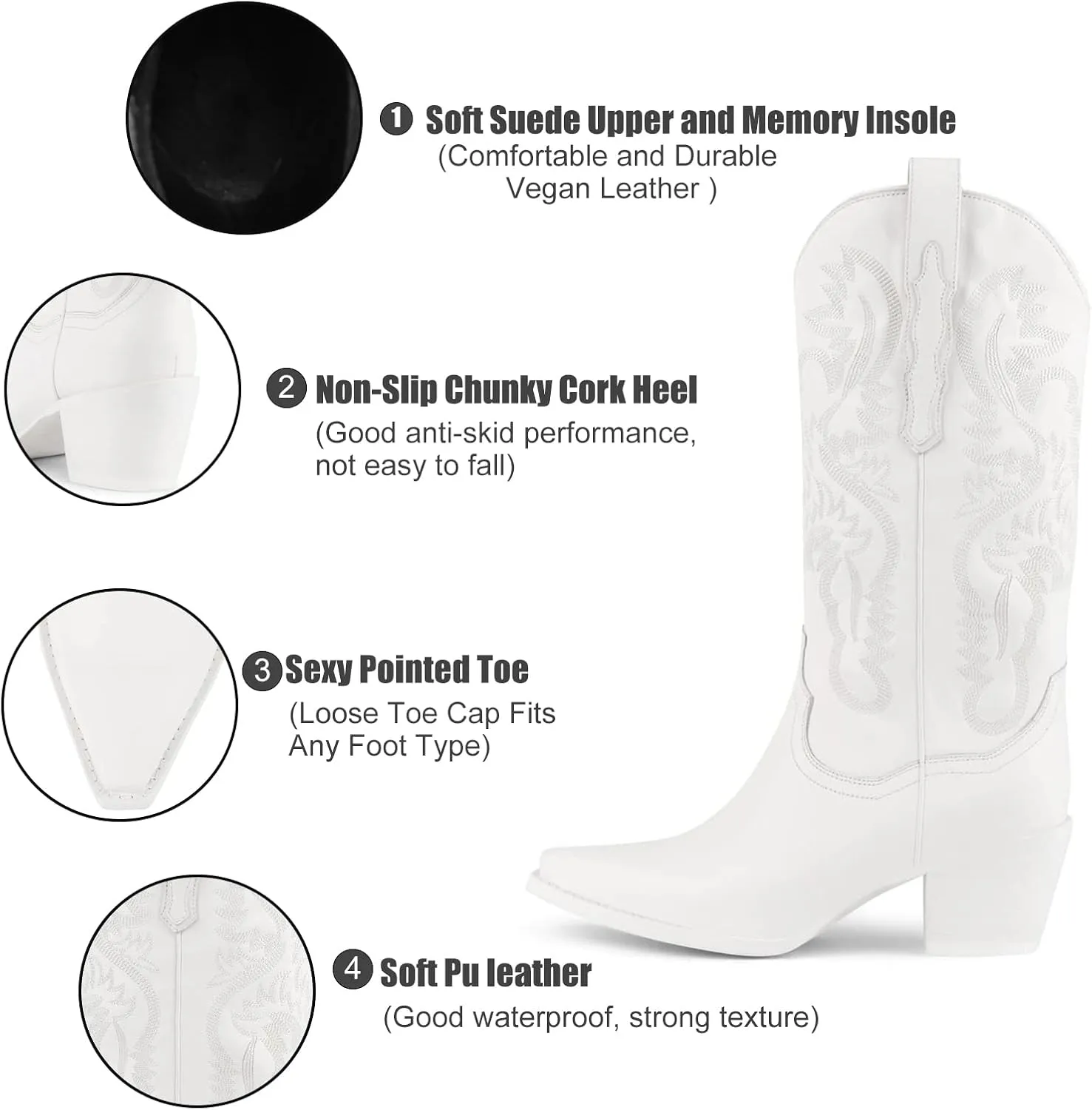 VOMIRA Pointed Toe Western Boots for Women Fall Winter Chunky Block Cork Heel Pull On Mid Calf Boots Outdoor Cowboy Boots