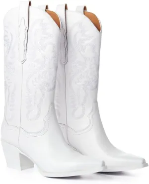 VOMIRA Pointed Toe Western Boots for Women Fall Winter Chunky Block Cork Heel Pull On Mid Calf Boots Outdoor Cowboy Boots