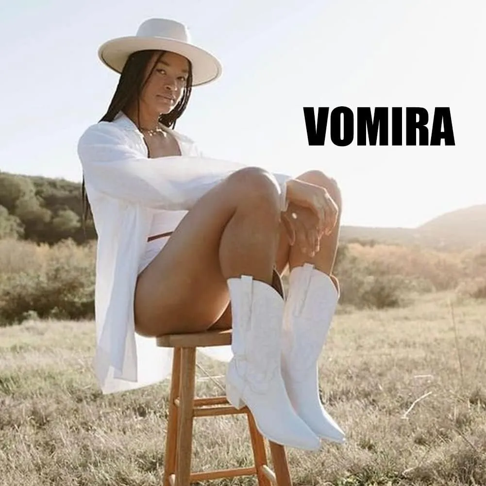 VOMIRA Pointed Toe Western Boots for Women Fall Winter Chunky Block Cork Heel Pull On Mid Calf Boots Outdoor Cowboy Boots
