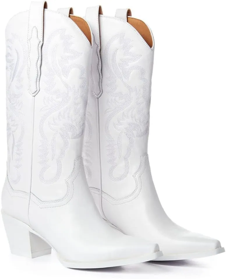 VOMIRA Pointed Toe Western Boots for Women Fall Winter Chunky Block Cork Heel Pull On Mid Calf Boots Outdoor Cowboy Boots
