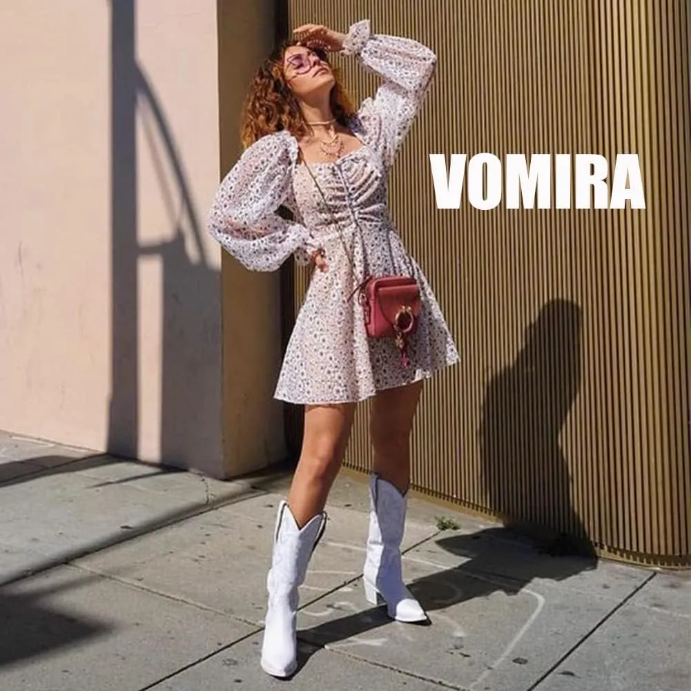 VOMIRA Pointed Toe Western Boots for Women Fall Winter Chunky Block Cork Heel Pull On Mid Calf Boots Outdoor Cowboy Boots