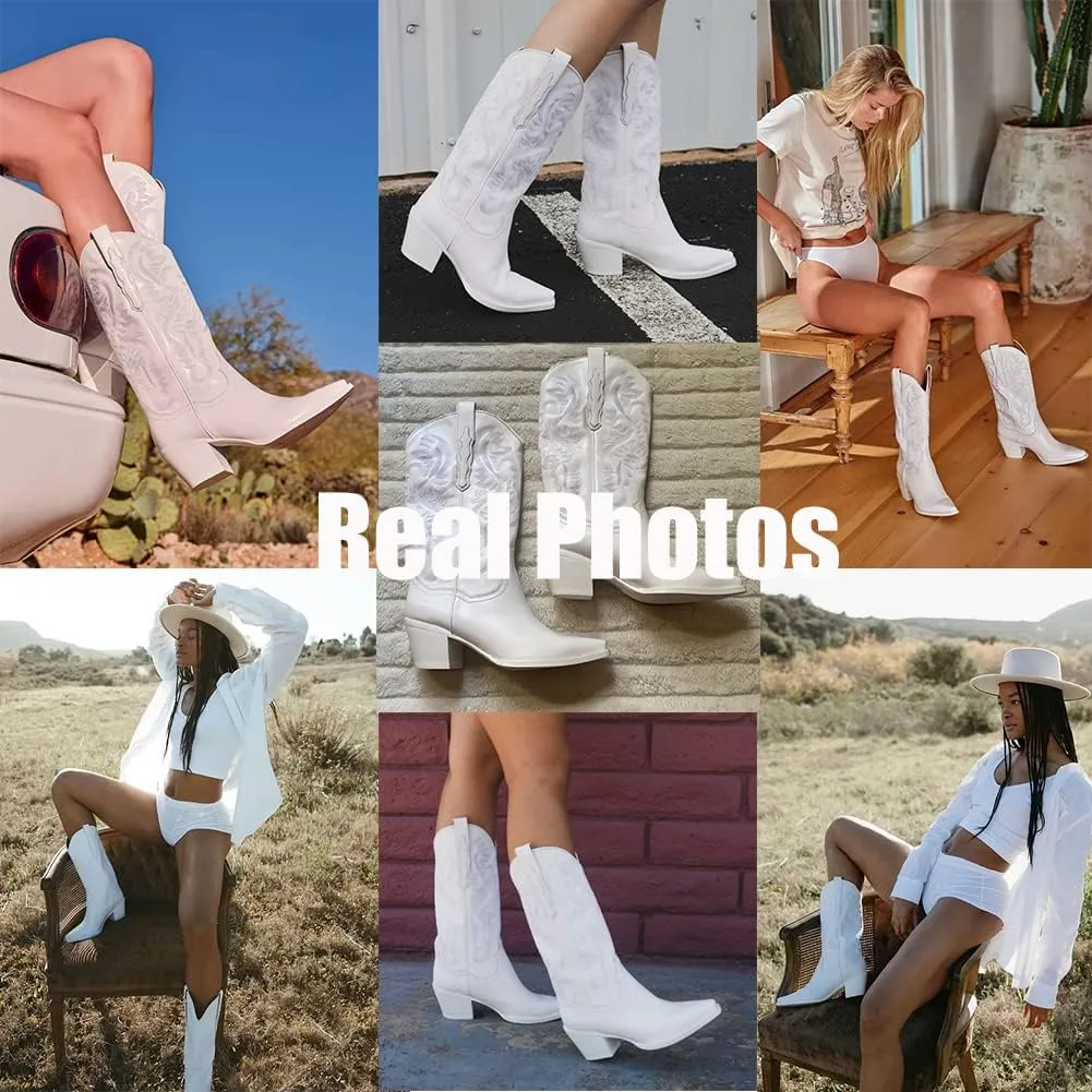 VOMIRA Pointed Toe Western Boots for Women Fall Winter Chunky Block Cork Heel Pull On Mid Calf Boots Outdoor Cowboy Boots