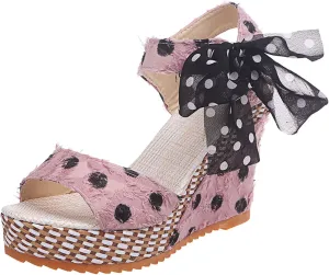 Wedge Sandals for Women Casual Summer Polka Dot Bow Lace up Fish Mouth Open Toe Chunky Platform Sandals Classic Comfy Outdoor High Heels Shoes