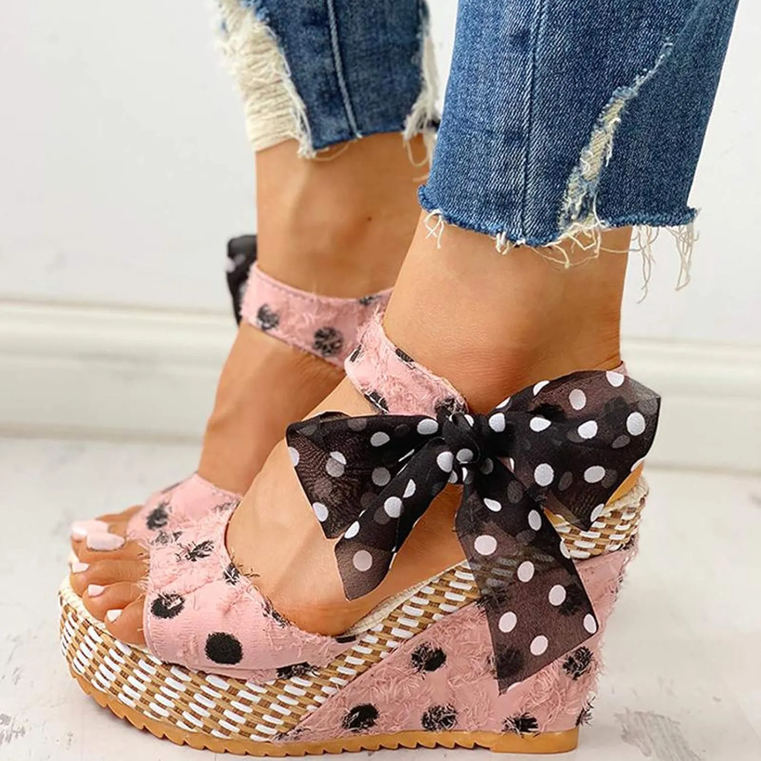 Wedge Sandals for Women Casual Summer Polka Dot Bow Lace up Fish Mouth Open Toe Chunky Platform Sandals Classic Comfy Outdoor High Heels Shoes