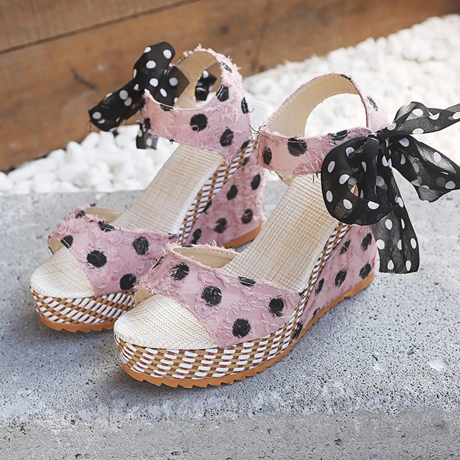 Wedge Sandals for Women Casual Summer Polka Dot Bow Lace up Fish Mouth Open Toe Chunky Platform Sandals Classic Comfy Outdoor High Heels Shoes