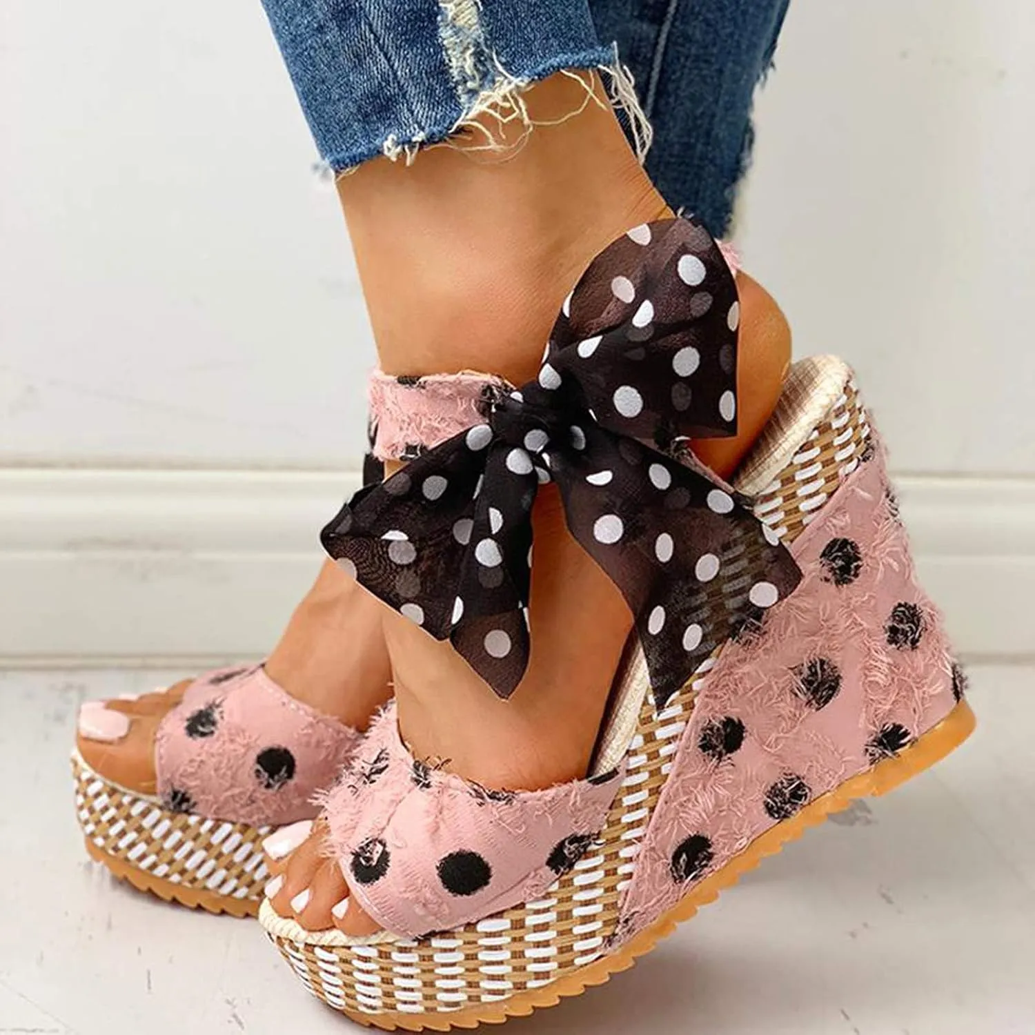 Wedge Sandals for Women Casual Summer Polka Dot Bow Lace up Fish Mouth Open Toe Chunky Platform Sandals Classic Comfy Outdoor High Heels Shoes