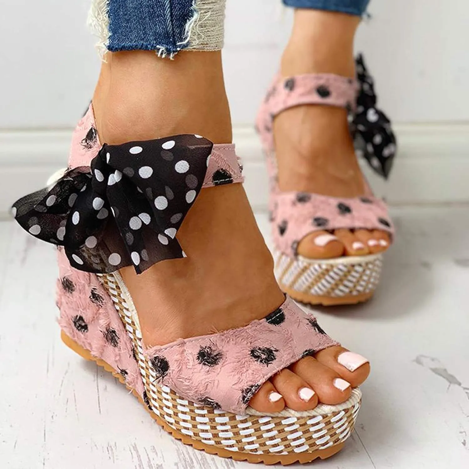Wedge Sandals for Women Casual Summer Polka Dot Bow Lace up Fish Mouth Open Toe Chunky Platform Sandals Classic Comfy Outdoor High Heels Shoes