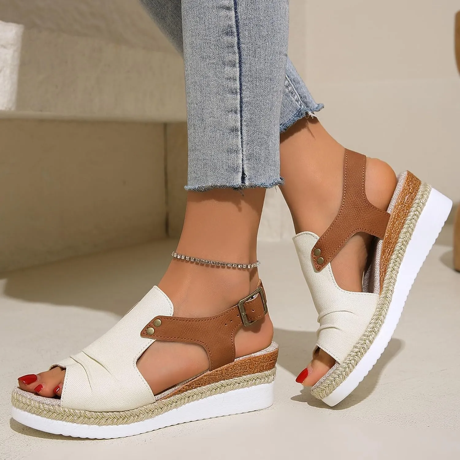 Wedge Sandals for Women Espadrilles Orthopedic Sandals Platform Wedges Comfortable Summer Casual Heels Sandals Dressy Open Toe Ankle Strap Low Wedge Outdoor Beach Shoes