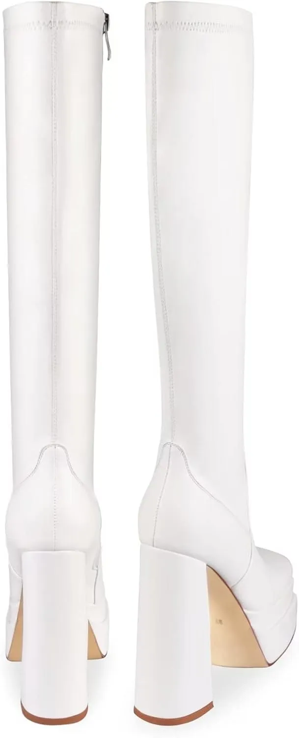 wetkiss Platform Knee High Boots Women Chunky High Heel Black Boots for Women Gogo Boot with Side Zipper Stretchy Boot Not for Bigger Wide Calf