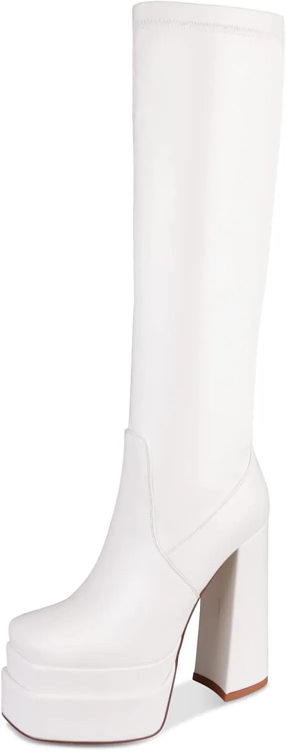 wetkiss Platform Knee High Boots Women Chunky High Heel Black Boots for Women Gogo Boot with Side Zipper Stretchy Boot Not for Bigger Wide Calf