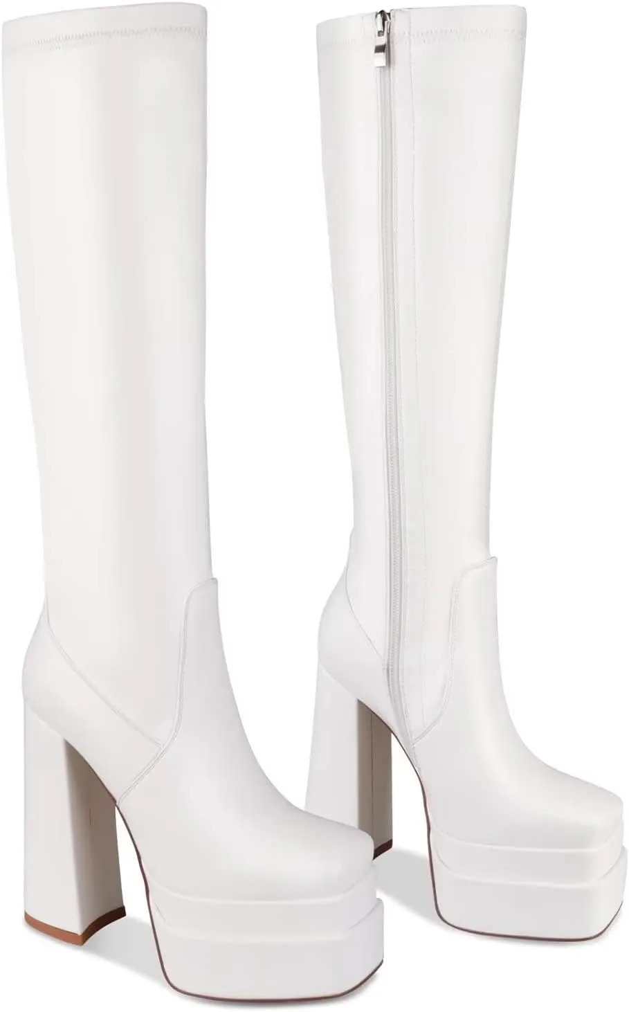wetkiss Platform Knee High Boots Women Chunky High Heel Black Boots for Women Gogo Boot with Side Zipper Stretchy Boot Not for Bigger Wide Calf