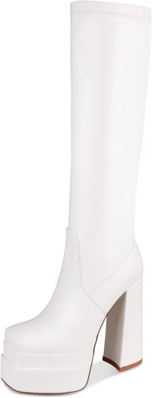 wetkiss Platform Knee High Boots Women Chunky High Heel Black Boots for Women Gogo Boot with Side Zipper Stretchy Boot Not for Bigger Wide Calf