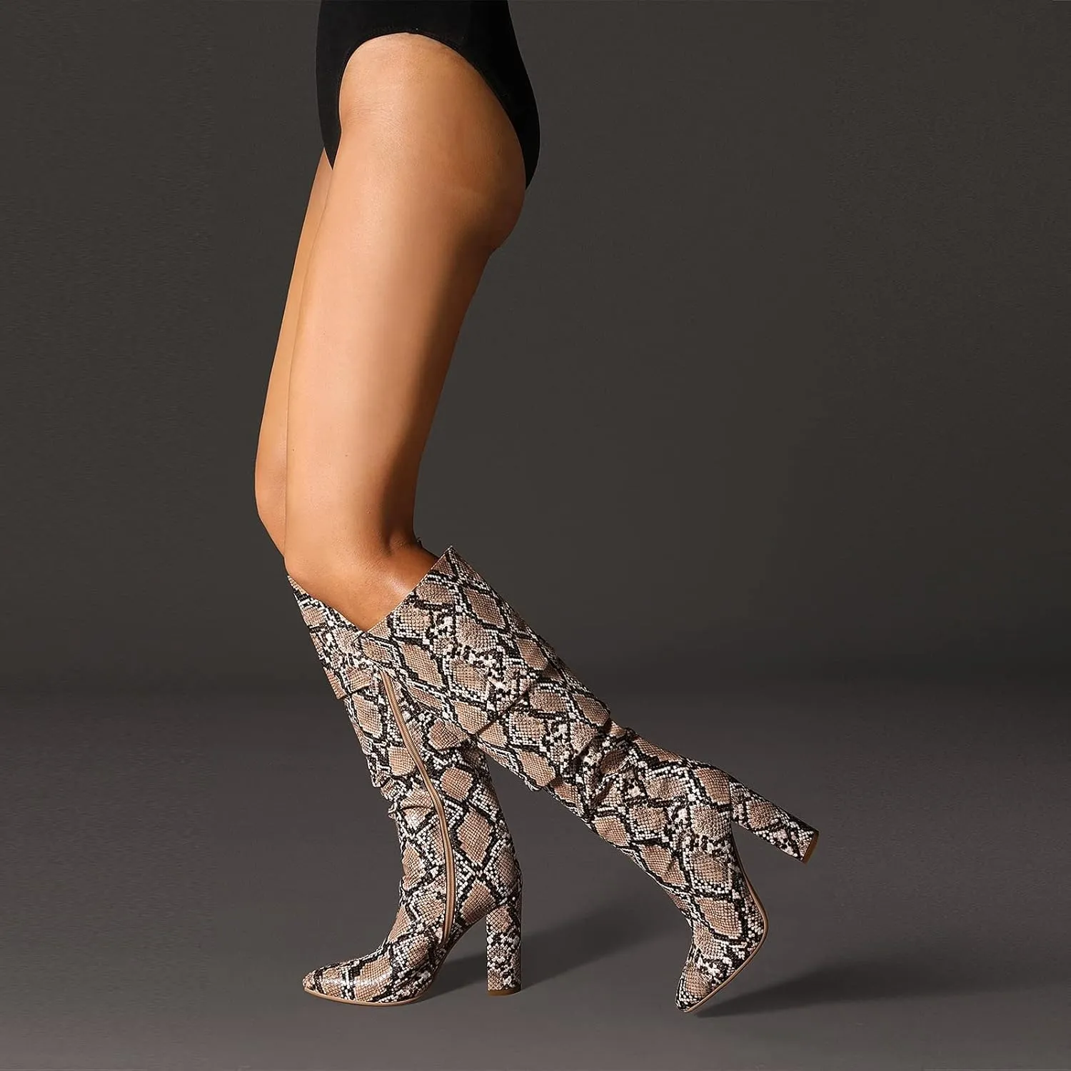wetkiss Rhinestone/PU Low Chunky Pointed Toe Knee High Boots for Women with Full Bling Sparkly Crystals Booties for Wedding Party Date Dress