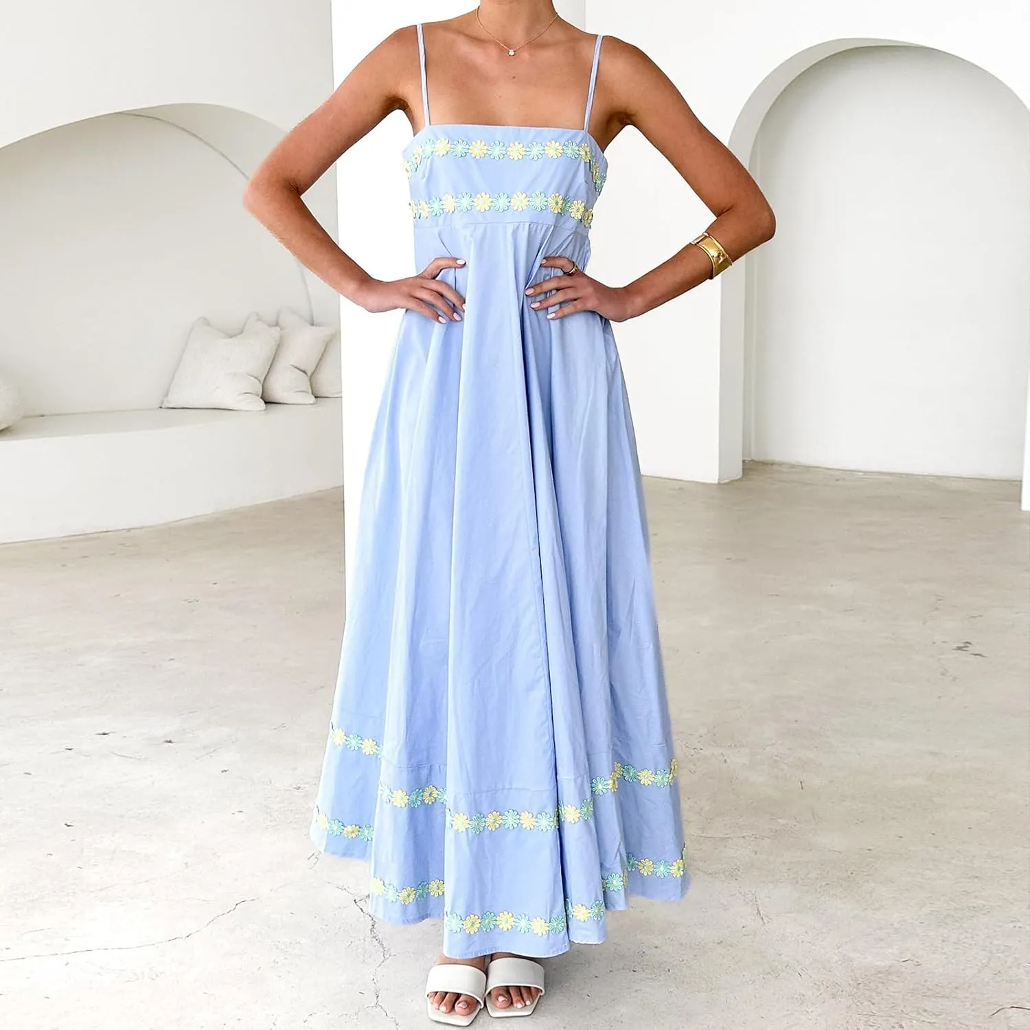 Women Floral Embroidered Maxi Dress Spaghetti Strap Smocked Maxi Dress A Line Flowy Swing Long Dress