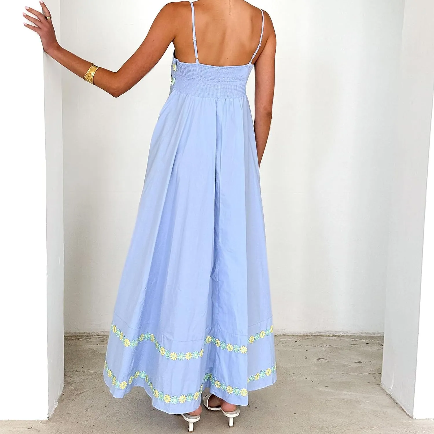 Women Floral Embroidered Maxi Dress Spaghetti Strap Smocked Maxi Dress A Line Flowy Swing Long Dress