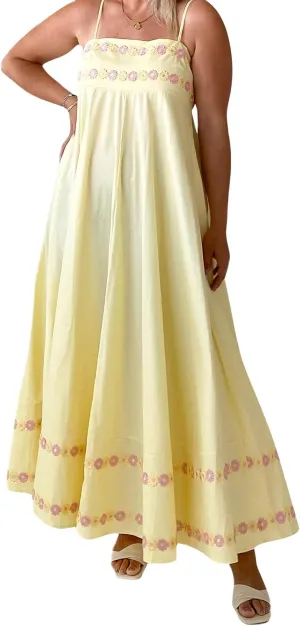 Women Floral Embroidered Maxi Dress Spaghetti Strap Smocked Maxi Dress A Line Flowy Swing Long Dress