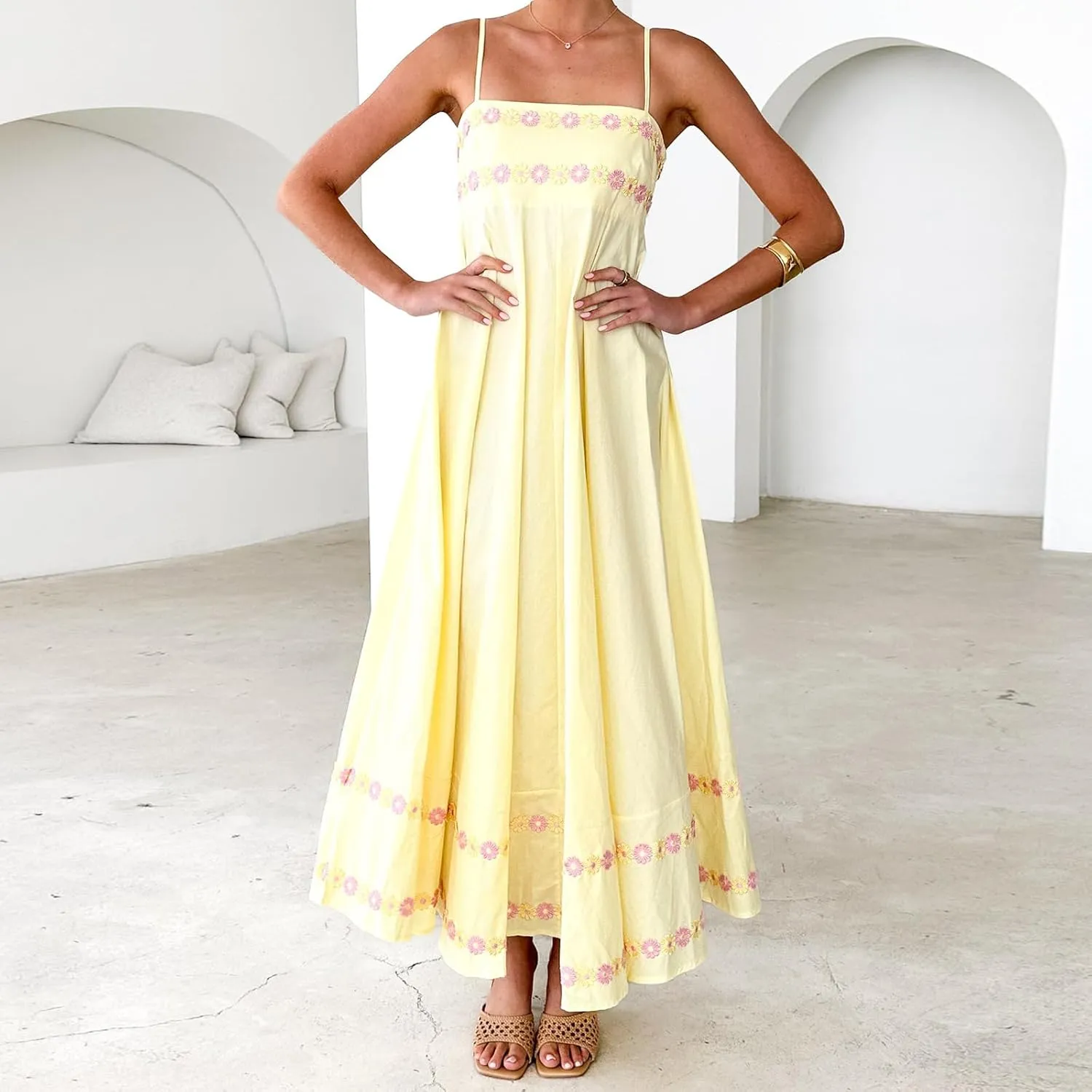 Women Floral Embroidered Maxi Dress Spaghetti Strap Smocked Maxi Dress A Line Flowy Swing Long Dress